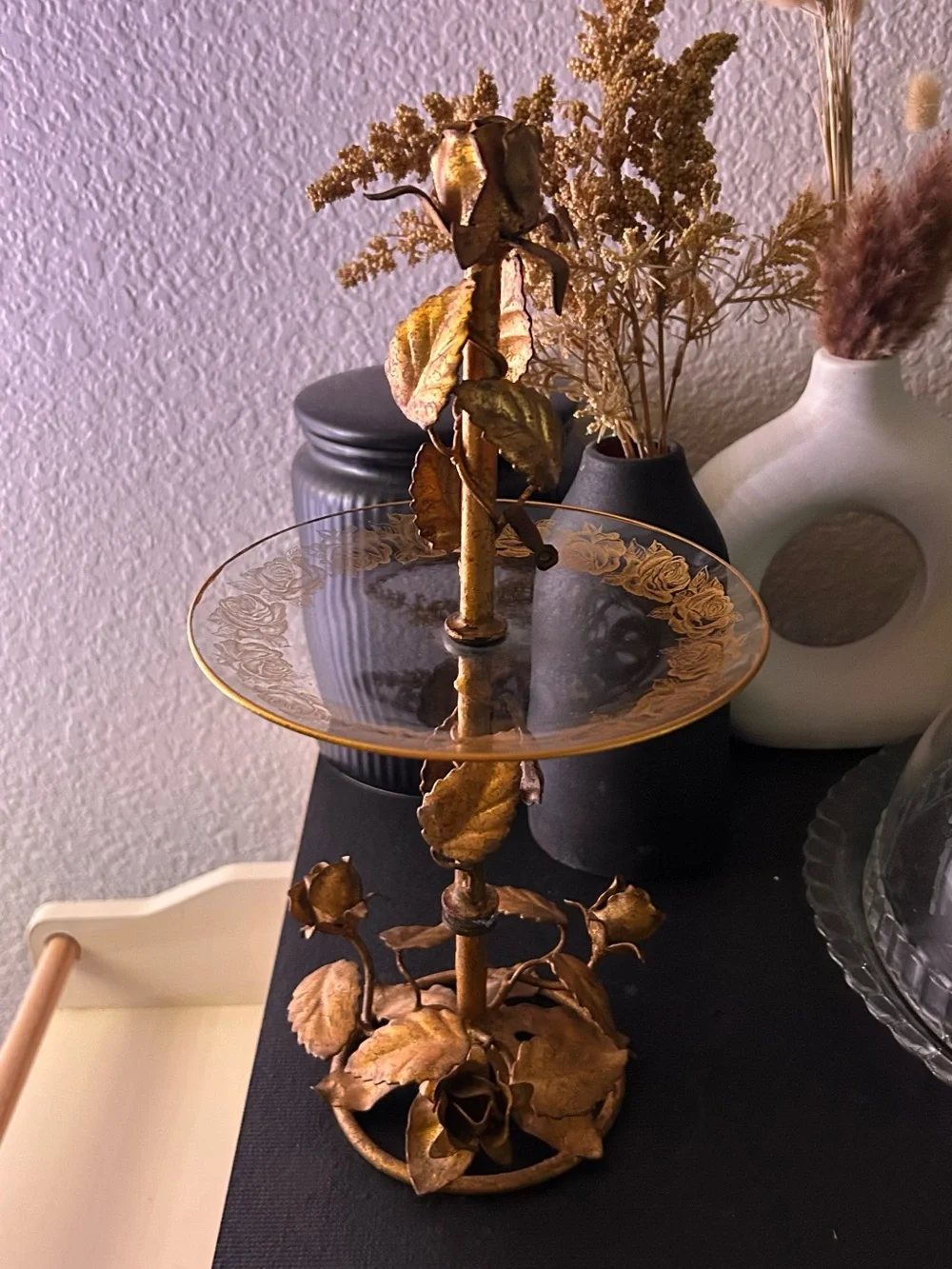 Vintage Italian Gold Guild Rose Pedestal Trinket Dish